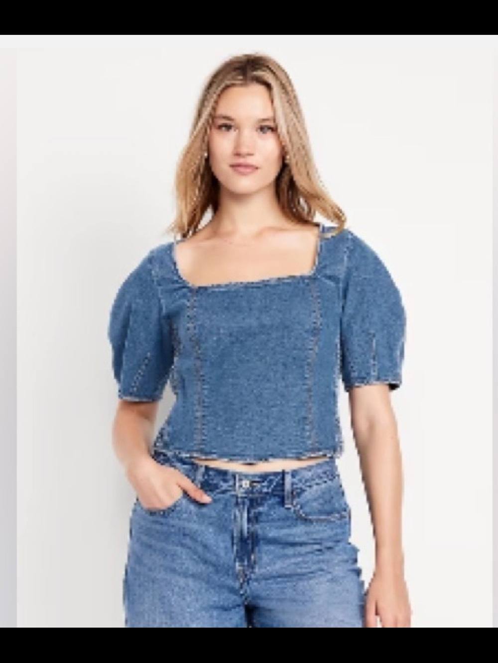 OLD NAVY Blue Square-Neck Denim Puff Sleeve Crop Top - Picture 2 of 6